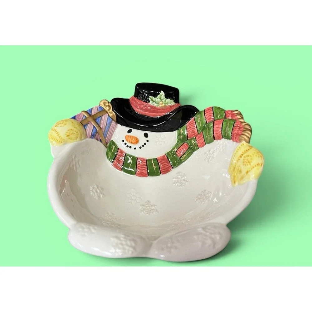 Fitz & Floyd Frosty Folks Snowman Candy Bowl Dish Winter Holiday Christmas Decor